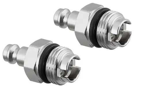 Oventrop Messventile mit Steckkupplungstechnik, aus verchromtem Metall, mit O-Ringen und Sieb, zur Verwendung in Verbindung mit bestimmten Oventrop Produkten.